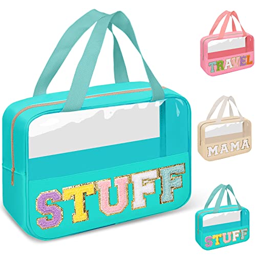 Preppy Clear Stuff Makeup Bags with Chenille Letter Patches, Travel Essentials Large Clear Make up Bag Zipper Pouch with Handle, Waterproof Nylon Cosmetic Toiletry Storage Tote for Women (STUFF-Green) - color: STUFF-Green