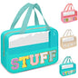 Preppy Clear Stuff Makeup Bags with Chenille Letter Patches, Travel Essentials Large Clear Make up Bag Zipper Pouch with Handle, Waterproof Nylon Cosmetic Toiletry Storage Tote for Women (STUFF-Green) - color: STUFF-Green