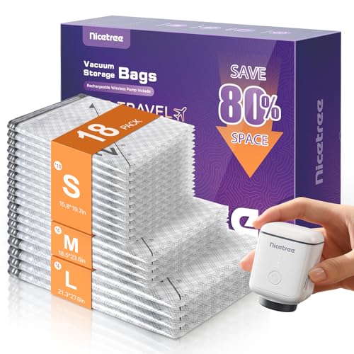 Nicetree 18-Pack Vacuum Storage Bags with Rechargeable Cordless Pump | 3 Sizes (20", 24", 28") Travel Vacuum Seal Bags for Clothing, Bedding & Seasonal Storage | Space Saver for Luggage - style: 18 Travel Size