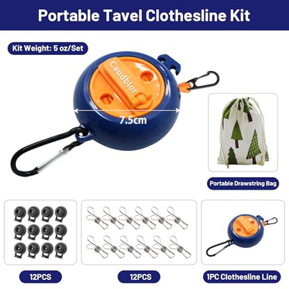 Portable Travel Clothesline Cord, Caudblor Adjustable 33ft Camping Clothes line, Laundry Drying Rope for Hotel Trip, Cruise, Outdoor/Indoor, with 12Pcs Stoppers, Windproof Clothespins - style: Blue Yellow