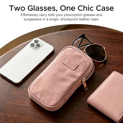 KINIVA Double Eyeglass Case for Men Women, 2-in-1 PU Dual Sunglasses Case, Scratch-Proof Travel Eyeglass Holder for Purse Car - style: Pink Matte