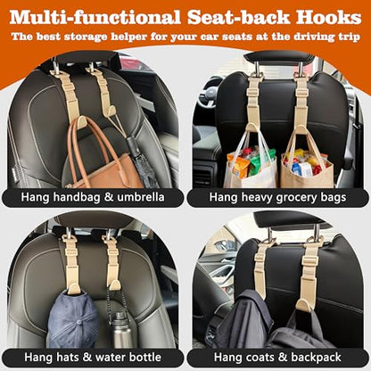 Amooca Car Headrest Hooks 4 Pack Adjustable Universal Fit Auto Seat Back Organizer Storage Hanger Purse Bags Holder with Clip Beige - color: Beige