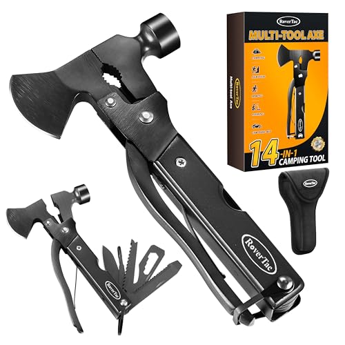 RoverTac 14-in-1 Multitool Camping Axe – Multi Tool with Knife, Hammer, Saw, Screwdrivers, Bottle Opener – Camping Tool with Sheath – Tool Gifts for Men, Dad, Husband, and Outdoor Enthusiasts. - color: Black