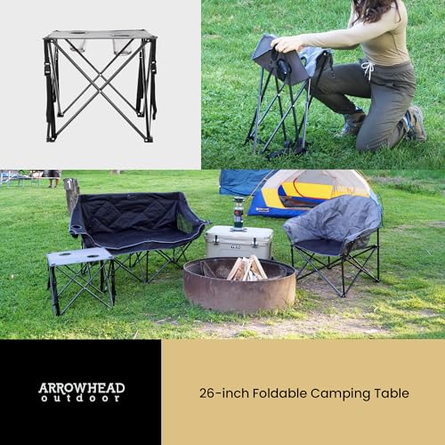 ARROWHEAD OUTDOOR 26” (66cm) Portable Camping Folding Table, 2 Cup Holders, Square, Carrying Case, Steel Frame, High-Grade 600D Canvas - color: Grey
