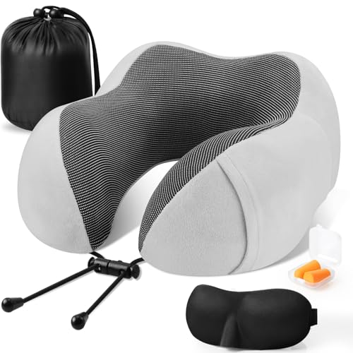 CloudBliss Travel Pillow for Plane, Memory Foam Neck Pillow for Traveling, Airplane Pillow with Eye Mask, Earplugs, Storage Bag, Compact Neck Pillow for Long Flight Sleep, Travel Essentials Light Grey - color: Light Grey