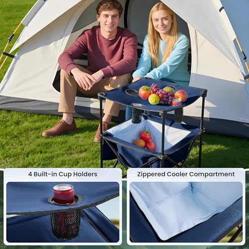 Portable Outdoor Folding Camping Table with 4 Cup Holders & Cooler Compartment, Waterproof Picnic Table for Picnic, BBQ, Beach, Hiking (Navy Blue) - color: Navy Blue