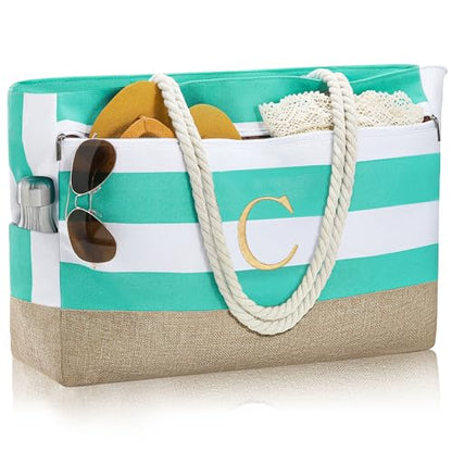 YOOLIFE Large Initial Beach Bag Waterproof Tote Zipper Bag Personalized Gifts for Women Her Birthday Travel Beach Essential - color: Light Blue, style: C