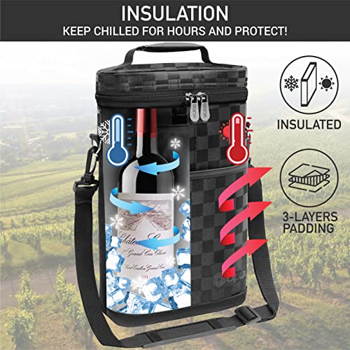 opux 2 Bottle Wine Carrier Tote, Insulated Leakproof Wine Cooler Bag, Wine Travel Bag Tote for Picnic BYOB Beach, Portable Wine Bottle Carrying Case, Gift for Wine Lover Women Men Christmas - color: Checkered Black
