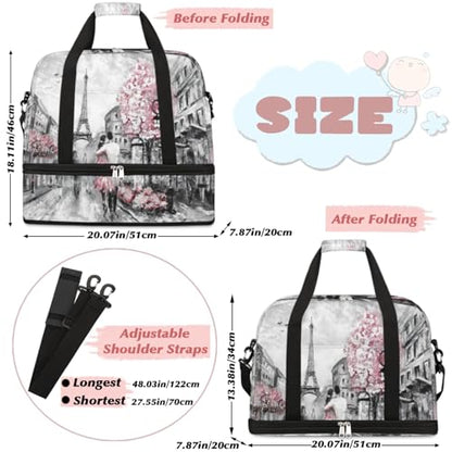 Eiffel Tower Foldable Travel Duffel Bag, Expandable Sports Gym Bag with Shoes Compartment Weekender Overnight Totes Bags for Women Men - color: Eiffel Tower
