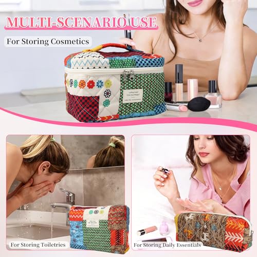 3PCS Coquette Makeup Bag,Quilted Cosmetic Bag Large Make Up Bag Set,Quilted Portable Toiletry Organizer Bag,Cotton Travel Skincare Bag for Women Girls(04-Boho) - style: 04-boho Quilted