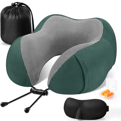 CloudBliss Travel Pillow for Airplane, Memory Foam Neck Pillow for Travel, Compact Flight Pillow with Eye Mask, Earplugs, Carry Bag,Travel Neck Pillow for Long Flight Sleep, Plane Accessories, Green. - color: Green