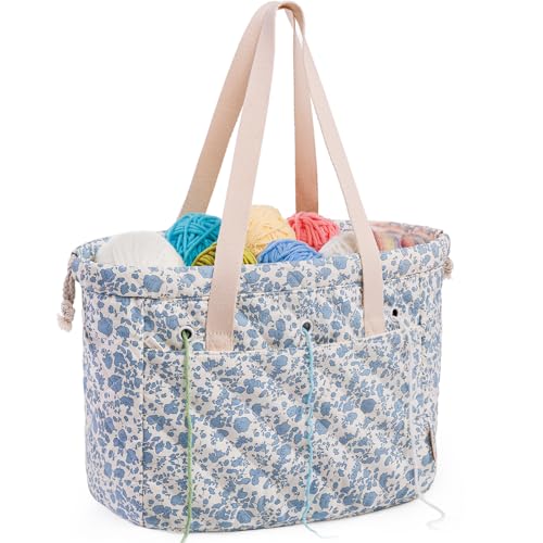 MYBAGZING Portable Crochet Bag Organizer with Crochet Hook Organizer Roll, Quilted Yarn Storage Tote with Grommets, Knitting Project Bag for Yarn & Accessories, Floral Craft Tote Gift for Crocheters - color: Blue Flower