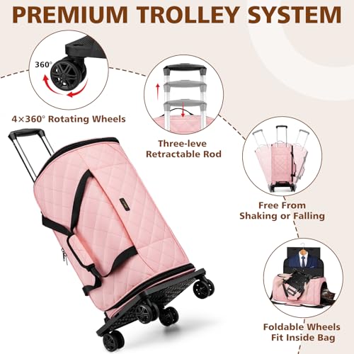 Rolling Garment Bags for Travel - Carry on Convertible Garment Duffle Bags with Wheels for Men Women, 4 in 1 Large Travel Duffel Bags with Shoes Compartment Hanging Suit Dress Weekender Bag 4pcs Set - color: Pink