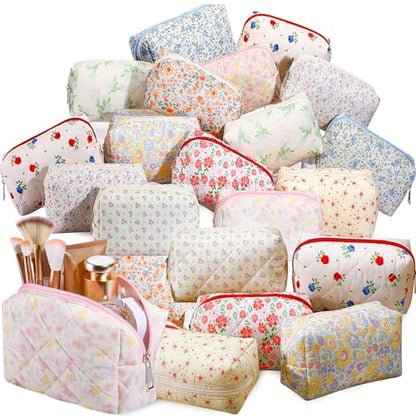 Paterr 20 Pcs Cotton Quilted Makeup Bag Bulk Cute Coquette Aesthetic Preppy Cosmetic Bag for Women Girls Bridesmaid Gifts Wedding Party Favor Christmas Travel Toiletry Pouch Trendy Stuff(Ditsy Floral) - style: Ditsy Floral