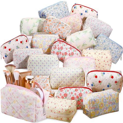 Paterr 20 Pcs Cotton Quilted Makeup Bag Bulk Cute Coquette Aesthetic Preppy Cosmetic Bag for Women Girls Bridesmaid Gifts Wedding Party Favor Christmas Travel Toiletry Pouch Trendy Stuff(Ditsy Floral) - style: Ditsy Floral