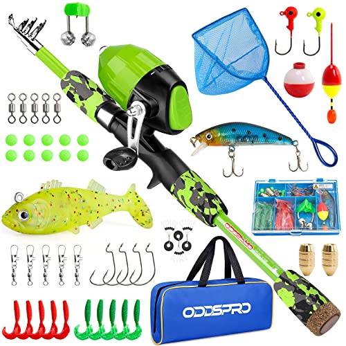 ODDSPRO Kids Fishing Pole Pink, Portable Telescopic Fishing Rod and Reel Combo Kit - with Spincast Fishing Reel Tackle Box for Girls, Youth - color: Green+Net, size: 4.92 ft