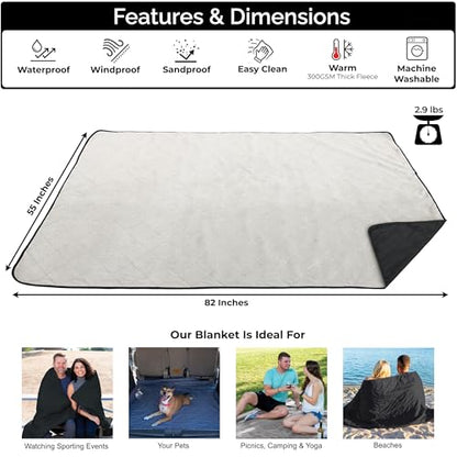 BRAWNTIDE Large Waterproof Outdoor Blanket, Extra Thick Fleece, Warm, Windproof & Sandproof, Quilted Stadium Blanket for Sports Events, Beach, Camping, Picnics, Dogs & Car, 82" x 55 - color: Black