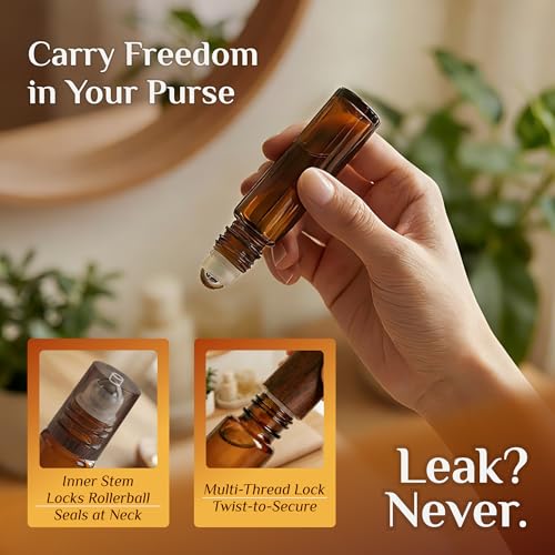 PrettyCare 12 Pack, 10 ml Essential Oil Roller Bottles with Stainless Steel Roller Ball - Refillable Leak-proof Empty Thick Amber Glass Roll on Bottles with Wooden Caps for Travel, Perfume - color: Amber with Wooden Cap, size: 12 Pack