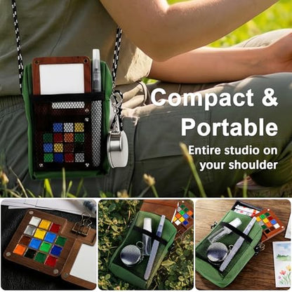 Mini Watercolor Travel Set, All-in-One 12-Color Travel Kit with Palette, Crossbody Bag, Paint Water Cup, Journal, Pocket Set for Artists - color: Brown