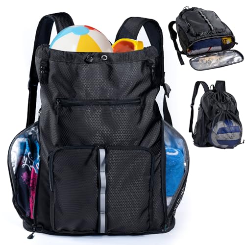 Large Beach Backpack Waterproof Sandproof - Customized Oversized Drawstring Pool Bag with Shoe Compartment for Toiletries, Towels, Gym, Travel - color: Black