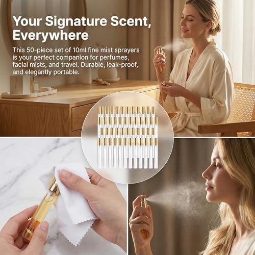 50Pcs 10ml Mini Spray Bottles, Empty Clear Glass Mist Spray Bottle Refillable Mini Perfume Atomizer Travel Sample Bottle Lids Fine Mist Perfume Atomizer Makeup Container