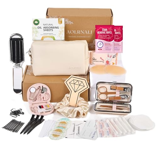 Bridal Emergency Kit for Wedding Day, Wedding Essentials Survival Set for Team Bride, Must-Have 30+ Essentials Travel Kit with Makeup Bag - color: Beige