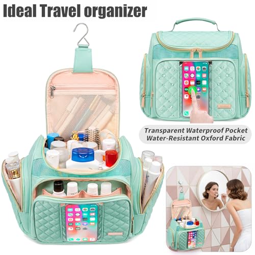 Large Toiletry Bag for Women Men,Bathroom Bag,Water Resistant Shower Bag,Makeup Bag,Toiletry Bags for Traveling,Hanging Toiletry Bag with Transparent Waterproof Phone Pocket (Green) - color: Green