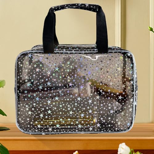 Black Holographic Star Cosmetic Bag for Women 11.8x5.1x8.2 Inches Portable Travel Toiletry Bag with Handles,Durable PVC Material,Zipper Design-Ideal Large Clear Makeup Organizer - color: Gray