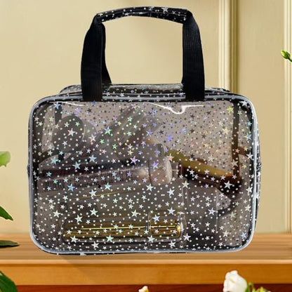 Black Holographic Star Cosmetic Bag for Women 11.8x5.1x8.2 Inches Portable Travel Toiletry Bag with Handles,Durable PVC Material,Zipper Design-Ideal Large Clear Makeup Organizer - color: Gray