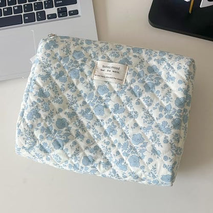 honitty Makeup Pouch,Quilted Cosmetic Bags,Large Floral Make Up Organizer for Women - color: 1PCS-Blue-White2