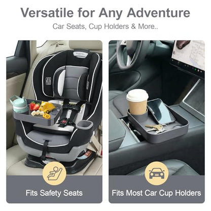 Car Seat Snack Tray for Toddlers - 3 Inch Cup Holder Fits Most Sippy Cups & Straw Bottles with Dip Well, Mess-Free Square Kids Travel Tray Road Trip Essentials, Dark Grey - color: Dark Grey