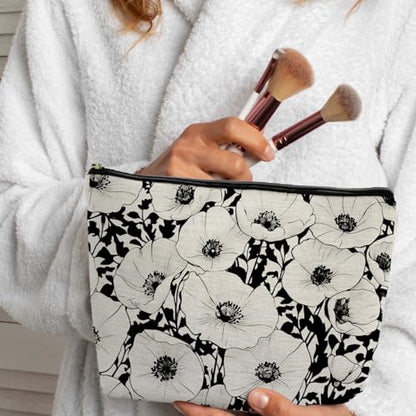 Black and White Poppy Floral Makeup Cosmetic Bag for Women, Modern Botanical Flower Aesthetic Portable Travel Toiletry Bag Zipper Makeup Pouch - color: Flower three