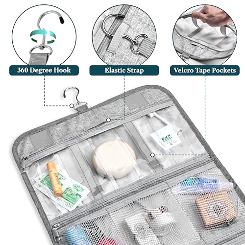 PAVILIA Hanging Toiletry Bag for Women Men, Large Foldable Toiletries Organizer with Hook, Water-Resistant Makeup Cosmetic Rollup Case, Clear Pockets for Bathroom, Gym, Cruise (Heather Grey) - color: Heather Grey