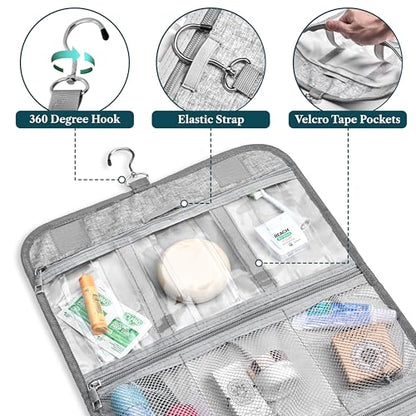 PAVILIA Hanging Toiletry Bag for Women Men, Large Foldable Toiletries Organizer with Hook, Water-Resistant Makeup Cosmetic Rollup Case, Clear Pockets for Bathroom, Gym, Cruise (Heather Grey) - color: Heather Grey