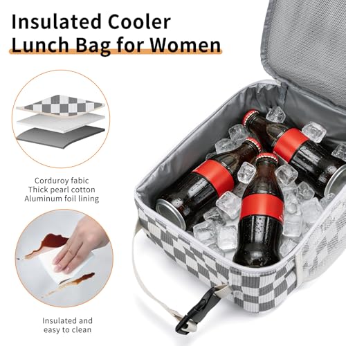 Lunch Box for Women Men Adult Insulated Lunch Bag Women Men Small Reusable Lunchbox for Work Picnic Travel (Gray-White Plaid) - color: Gray-White Plaid