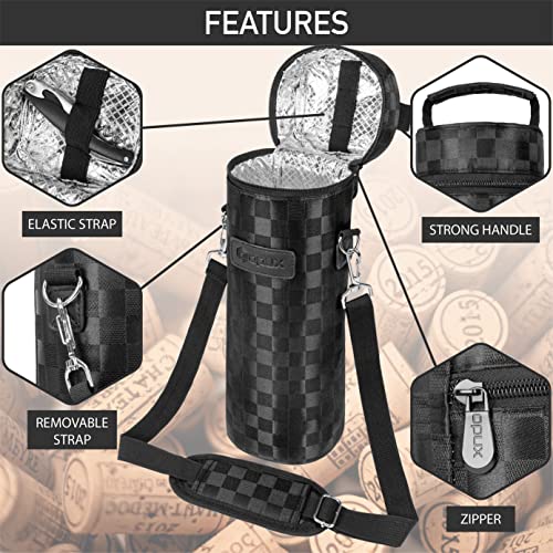 opux Wine Bag Single Bottle Carrier Tote, Insulated Wine Cooler Bag for Travel Picnic Beach with Shoulder Strap, Thermal One Bottle Holder Carrying Case Wine Gift for Women Men, Black Squares - color: Black Square