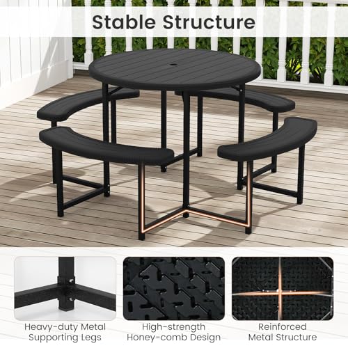 Tangkula 8 Person Picnic Table, HDPE Outdoor Round Table and Bench Set with 4 Built-in Benches, Umbrella Hole, Metal Frame for Garden Yard Patio Lawn - color: Black