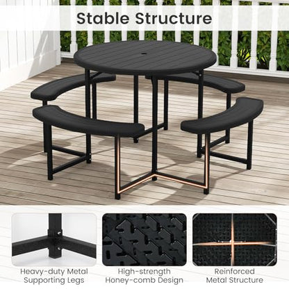 Tangkula 8 Person Picnic Table, HDPE Outdoor Round Table and Bench Set with 4 Built-in Benches, Umbrella Hole, Metal Frame for Garden Yard Patio Lawn - color: Black