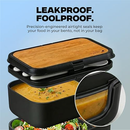KARRICO 68oz Bento Box Adult - Stackable Lunch Containers For Adults, Leak-Proof Mens Tupperware & Lunch Box Containers - Black Double Food Container, Meal Prep Office Lunchbox With Dividers