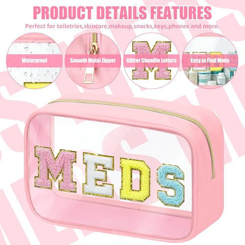BuyCard Clear Meds Chenille Letter Nylon Makeup Bag - Portable Preppy Patch Cosmetic Toiletry Travel Storage Medicine Bag With Zipper for Women Girls Pink - color: MEDS-Pink, style: 1 Pcs-clear