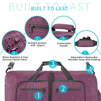 Vomgomfom 65L/85L/115L Foldable Travel Duffle Bag, Lightweight Checked Luggage with Shoe Compartment, Water-Resistant Weekender Overnight Bag for Men & Women - color: I Purple, size: 115L