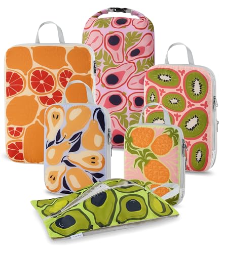 Gonex Compression Packing Cubes, 6pcs Expandable Storage Travel Luggage Bags Organizers with Shoe Bag Laundry Bag, Travel Cubes for Suitcase Carry On (Fruit) - color: Fruit, size: 6 Set