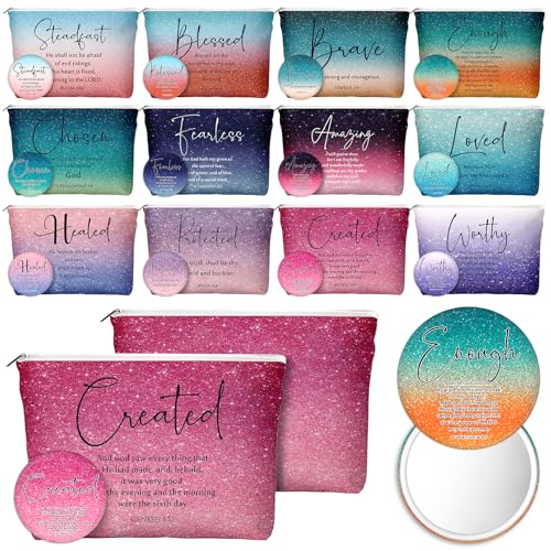 Geelin 12 Sets PCT Week Gifts Bulk Christian Gifts for Women Religious Makeup Bag and Compact Mirror Inspirational Gift for Teacher Nurse Staff Coworker Team Church Group Bible Study Member (Gradient) - color: Gradient