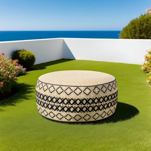 Outdoor Inflatable Ottoman with Air Pump, Embroidery Patio Footrest Stool D21”x H9”, Round Pouf Ottoman with Portable Handle Suitable for Garden, Camping, Bedroom, Living Room - color: Black Embroidery