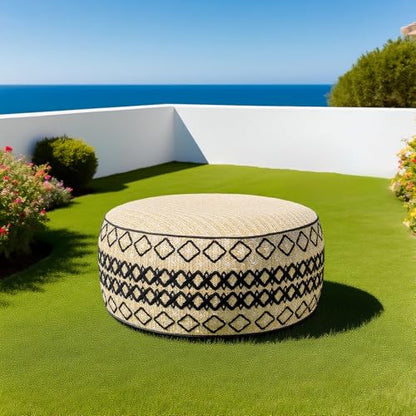 Outdoor Inflatable Ottoman with Air Pump, Embroidery Patio Footrest Stool D21”x H9”, Round Pouf Ottoman with Portable Handle Suitable for Garden, Camping, Bedroom, Living Room - color: Black Embroidery