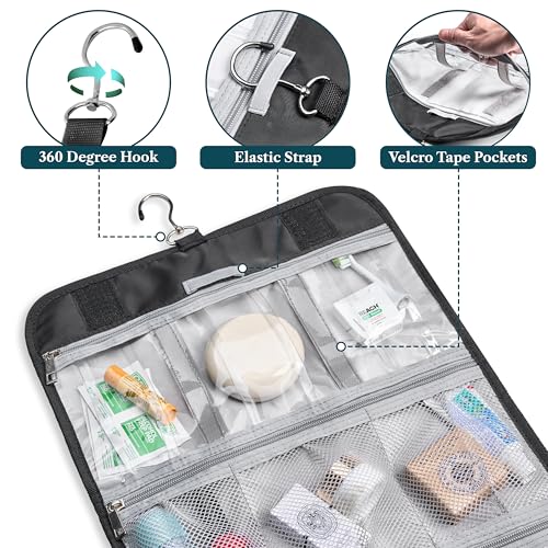 PAVILIA Hanging Toiletry Bag for Women Men, Large Foldable Toiletries Organizer with Hook, Water-Resistant Makeup Cosmetic Rollup Case, Clear Pockets for Bathroom, Gym, Cruise (Black) - color: Black