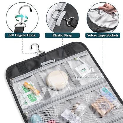 PAVILIA Hanging Toiletry Bag for Women Men, Large Foldable Toiletries Organizer with Hook, Water-Resistant Makeup Cosmetic Rollup Case, Clear Pockets for Bathroom, Gym, Cruise (Black) - color: Black