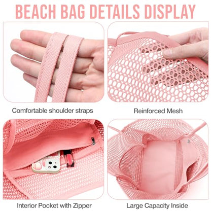 KPX Beach Bag with Mini Pocket, Summer Beach Tote Bags for Women Large Foldable Mesh Swimming Pool Travel Bags - Sandproof - color: Pink