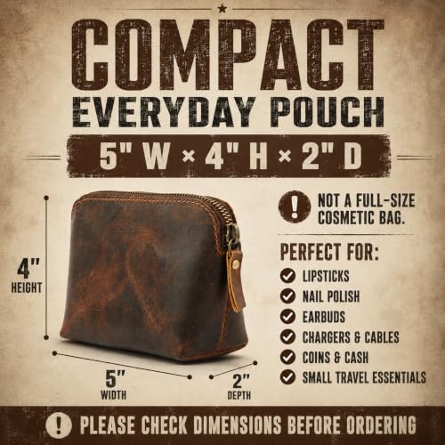 Full Grain Leather Cosmetic Bag – Zippered Makeup Pouch for Women, Small Travel Toiletry & Organizer Pouch for Purse, Premium Handmade Leather (5 × 4 × 2.5 in) - color: Brown