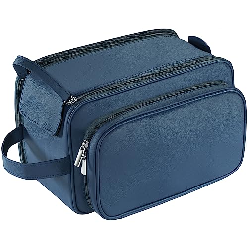 Buruis Extra Large Toiletry Bag for Men, Travel Toiletry Organizer Dopp Kit Water-resistant Shaving Bags, PU Leather Cosmetic Bathroom Shower Bag for Toiletries, Grooming, Accessories (Blue) - color: Blue